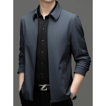 2024早春季薄款夾克男士短款商務休閑中老年翻領爸爸裝順滑外套男
