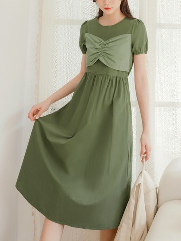 高含棉拼接抓皺拋袖收腰度假長洋裝