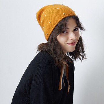 毛帽羊絨針織帽-純色單層釘珠捲邊女帽子8色73wr15【獨家進口】【米蘭精品】