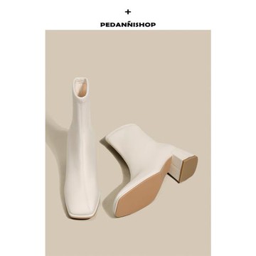 佩丹妮 白色短靴女彈力靴子女方頭粗跟瘦瘦靴高跟裸靴法式踝靴女