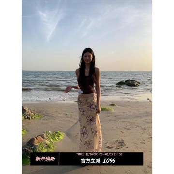 fortunee 2025春夏新款度假感花朵小眾印花設計感抽繩長款半身裙