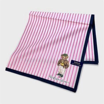 RALPH LAUREN POLO BEAR 小熊圖案條紋純棉手帕領巾(粉紅色 48×48cm 日本製)