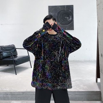 秋季彩虹亮片衛衣男長袖潮牌嘻哈街頭寬松炸街上衣服dj歌手演出服