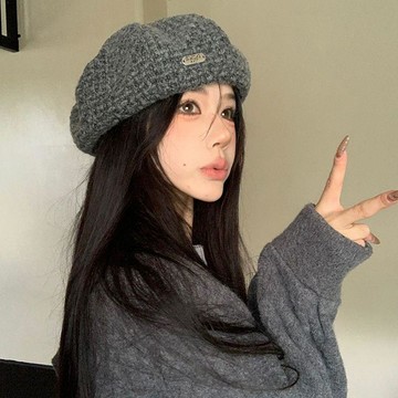 日系貝雷帽🔥帽子女秋冬畫家帽 毛線針織保暖 大頭圍顯臉小灰色 街頭出遊個性穿著 日常通勤簡約造型 戶外旅行機能穿戴