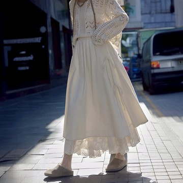 【ACheter】棉雙層蕾絲邊高腰半身裙A字氣質長裙# 124602