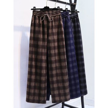 歐貨毛呢格子褲女2025春秋季新款復古垂感直筒闊腿褲呢子休閑褲子