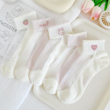 夏季水晶絲粉色襪子女短襪薄款純棉莫代爾運動船襪女淺口可愛卡通