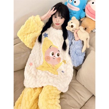 網紅星星人珊瑚絨睡衣女款冬季加絨加厚保暖法蘭絨可愛家居服套裝