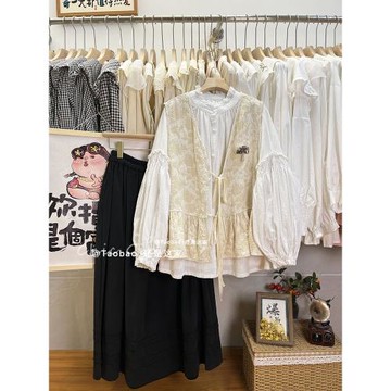 日系森系棉麻女學院風文藝寬松百搭V領系帶復古文藝馬甲坎肩2024