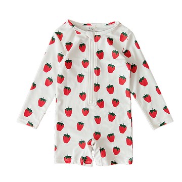 防曬長袖連身泳衣(附帽子)-滿滿草莓-白色