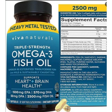 美國 2500MG高濃度魚油 180 粒大瓶 RTG 超臨界萃取高純 EPA 成人中老年循環保養