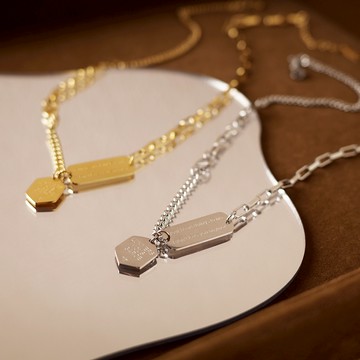 [鈦鋼.項鍊] 六邊形英字吊牌鍊條項鍊【UME】洗澡可戴 不退色項鍊 鎖骨鏈/頸鍊/鈦鋼項鍊