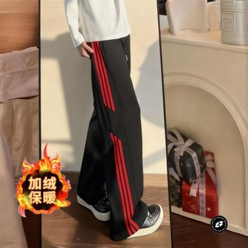 【臺灣出貨】條紋加絨休閒衛褲男秋冬加厚拼接紅色三條槓直筒褲寬鬆顯瘦闊腿褲長褲男美式籃球褲長褲運動長褲男大碼長褲