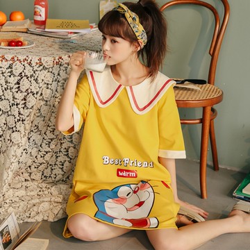 叮噹貓娃娃領100%棉居家休閒洋裝
