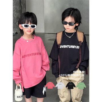 99元2件兒童假兩件衛衣秋款2024新款時尚潮流帥氣純棉上衣中大童