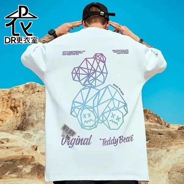 DR更衣室-男生衣服 美式熊熊可愛印花上衣 圓領 大學T 寬鬆  情侶裝  五分袖 大尺碼 8XL-【NL623022】