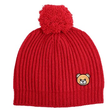 MOSCHINO 65375 電繡布章小熊LOGO羊毛混紡毛帽.紅