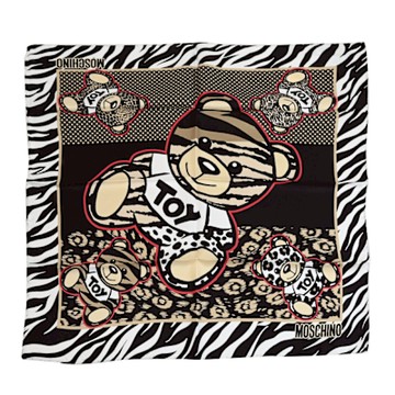 MOSCHINO 動物紋品牌小熊造型絲質絲巾/小方巾(黑白)