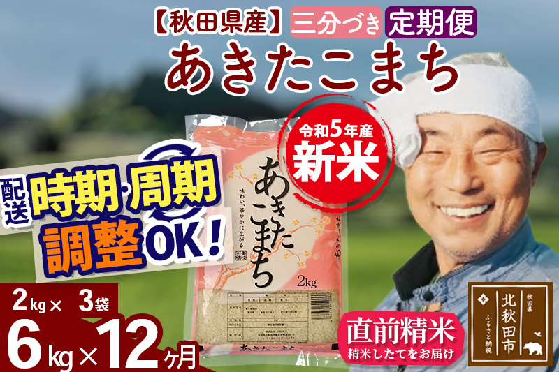 《定期便12ヶ月》＜新米＞秋田県産 あきたこまち 6kg(2kg小分け袋) 令和5年産 配送時期選べる 隔月お届けOK お米 おおもり|oomr-50412