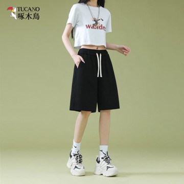 啄木鳥純色五分褲女夏季新款純棉運動短褲休閑寬松大碼過膝中褲潮