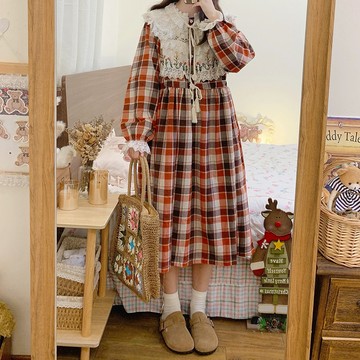 可脫卸雙層領格紋洋裝649422