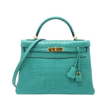 二手品 Hermes Kelly 霧面鱷金釦手提肩背包-32cm(7F孔雀藍)