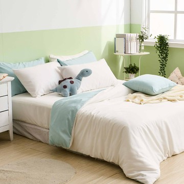 床包被套組(薄被套)-雙人加大 / 舒柔棉四件式 / 優雅白床包＋白綠被套 台灣製