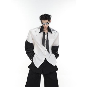 CulturE小眾液態金屬墊肩襯衫拼接設計開衫外套寬松廓形冰感衫衣