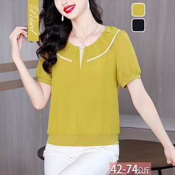 圓領墬飾壓褶撞色荷葉邊泡泡袖上衣(2色) M-4XL【845643X】【現+預】☆流行前線☆