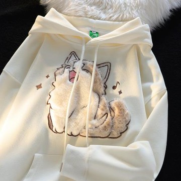 日系可愛貓咪3D立體植絨連帽衛衣女2026新款秋冬寬松學生加絨外套