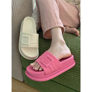 網紅簡約新款踩屎感戶外防滑涼拖鞋創意方扣裝飾露趾一字拖鞋女夏