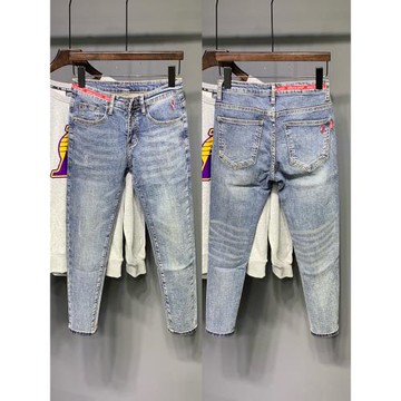 秋季潮牌牛仔褲男美式潮牌復古修身小腳淺藍色刺繡時尚百搭九分褲