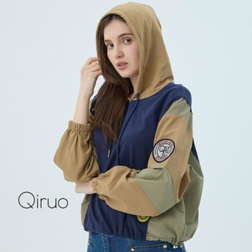 【Qiruo 奇若】秋冬專櫃長袖藍黃色連帽上衣 2512A 休閒上衣