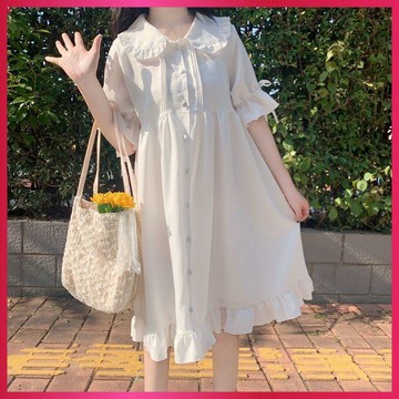 『ATC』夏日 學院風洋裝女 2026新款 日系軟妹 復古娃娃領 木耳荷葉邊 中長款洋裝