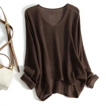 慵懶休閑軟糯羊毛針織衫女寬松顯瘦V齡鏤空毛衣長袖T恤薄外套上衣