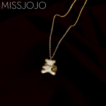 韓國時尚新款簡約可愛小熊白貝母愛心love鈦鋼金色短款項鏈鎖骨鏈