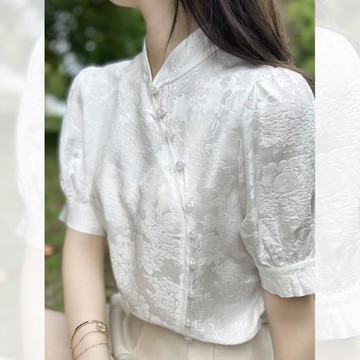 白色復古短袖襯衫女夏款獨特別致氣質小衫法式新中式女裝國風上衣