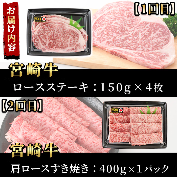 宮崎牛のロースステーキ・肩ロースすき焼き・肩焼肉・モモバラすき焼きを定期便でお届け