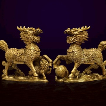 黃銅麒麟擺件一對家居風水工藝品招財送子辦公室客廳玄關裝飾品