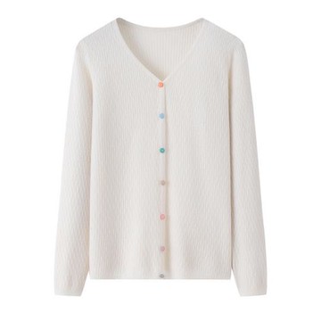 羊絨秋冬新款女衫V領網眼開衫彩扣毛衣時尚休閑柔軟保暖針織外套