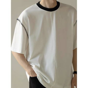 夏季新款冰絲短袖T恤男韓版寬松高級感撞色輕熟風格圓領針織上衣鑫弘-衣錦男裝