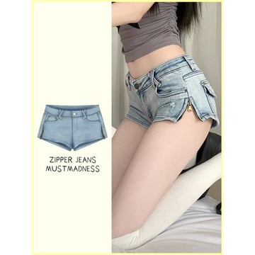 美式辣妹性感緊身低腰牛仔超短褲女夏季修身彈力包臀熱褲直筒褲子