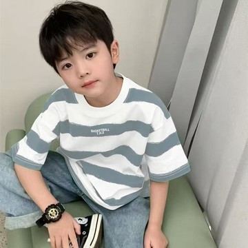 免運【臺灣出貨】男童上衣 兒童棉質短袖男童女童T恤夏季半袖中大童圓領寬鬆條紋T恤 兒童衣服 兒童上衣 兒童短袖 男童短袖