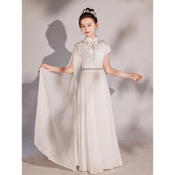 女童禮服中國風兒童彈古箏演出服白色雪紡長裙學生藝考民樂演奏