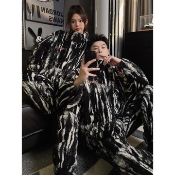 情侶睡衣女2024新款冬天拉鏈加厚加絨法蘭絨冬季珊瑚絨男士家居服