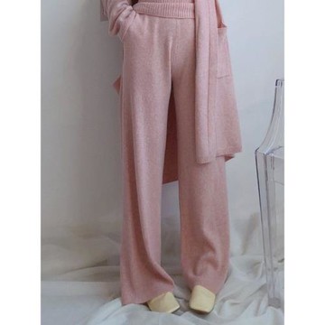 大愛櫻花粉純羊毛闊腿褲女高腰針織休閑褲寬松直筒褲羊毛外穿長褲