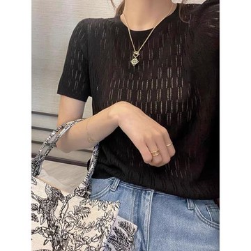 法式設計感奶黃色鏤空冰絲短袖針織衫夏季小眾別致薄款t恤上衣女