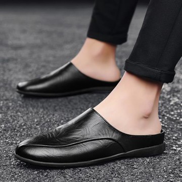 男士包頭真皮半拖鞋百搭透氣涼鞋個性無后跟韓版潮流懶人豆豆潮鞋