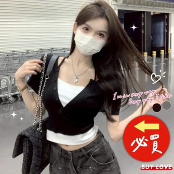 【買到戀愛】隔日到貨 女裝 V領繞脖假兩件短袖T恤 多色 設計感上衣 假兩件 短袖 T恤 女裝 女上衣【FT0581】