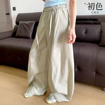 初色 純色木耳邊鬆緊腰綁帶壓褶寬鬆彎刀褲休閒褲寬褲闊腿褲長褲-共2色-14731(M-XL可選)